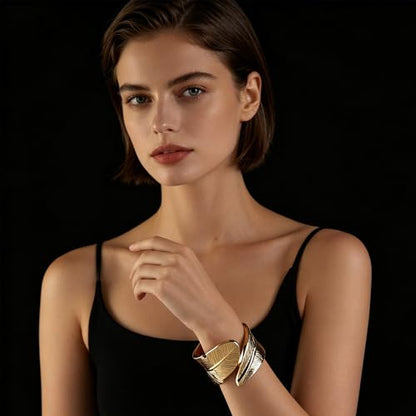 CJIAYUJEW Chunky Gold Cuff Bracelets for Women Exaggerated Geometric Leaf Open Wide Bracelets Trendy Retro Adjustable Party Jewelry Accessaries - color: leaf