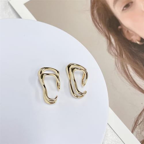 Minimalist Double Line Teardrop Cuff Wrap Clip on Earrings for Women Non Pierced Ear Unique Design 14K Gold Plated Silver Fake Hoop Hypoallergenic Fashion Trendy Jewelry - color: gold