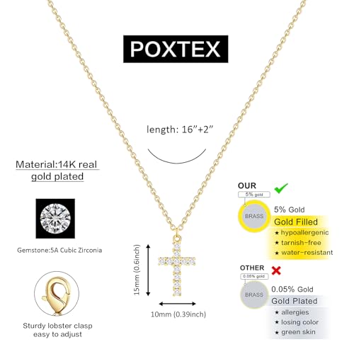 Poxtex Cross Necklace for Women Teen Girls, Dainty 14K Gold Silver Plated Cross Choker Jewelry Non Tarnish Waterproof Cute Simple Small Necklace Christian Baptism Religious Faith Jewelry Gifts - color: 03 Small Cross CZ - Gold
