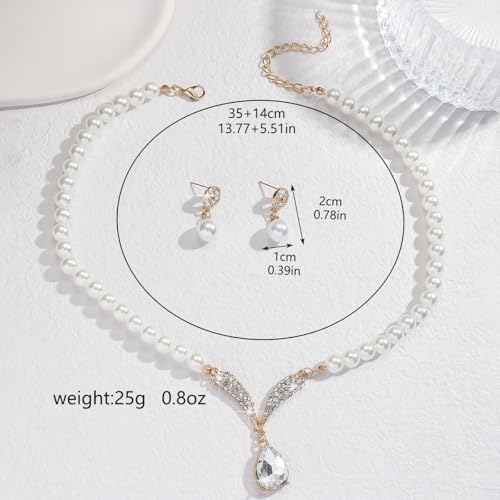 Pearl Necklace and Earring Set for Women,Pearl Jewelry Set Fake Pearls Necklace Imitation Beaded Collar de Perlas Para Mujer Necklaces for Prom Bridesmaid Costume Accessories - color: A-Gold