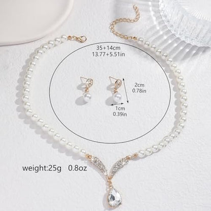 Pearl Necklace and Earring Set for Women,Pearl Jewelry Set Fake Pearls Necklace Imitation Beaded Collar de Perlas Para Mujer Necklaces for Prom Bridesmaid Costume Accessories - color: A-Gold