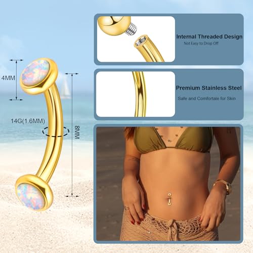3-12 Pcs 14G Belly Button Rings Belly Rings for Women CZ Opal Navel Rings Belly Piercings Jewelry Belly Barbells Stainless Steel Body Belly Button Piercing Jewelry - color: Gold/Clear CZ 5pcs 8mm