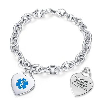 Custom Engraved Medical Alert ID Bracelet for Women | Heart Charm Medical ID Tag | Adjustable Curb Chain with Lobster Claw | Stainless Steel, Durable & Waterproof | Fits Wrists 8.5" (Silver) - style: Blue