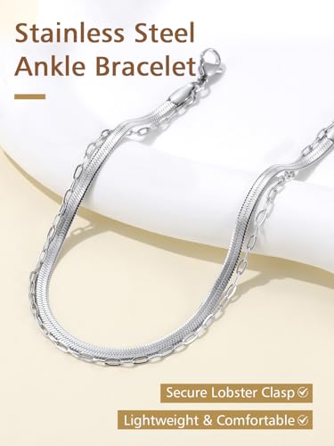 FindChic Ankle Bracelets for Women, Silver/Black/Gold Plated Layered Stainless Steel Anklets, Non-Tarnish Adjustable Waterproof Trendy Foot Jewelry for Beach Summer - style: Snake & Paperclip Chain-Silver