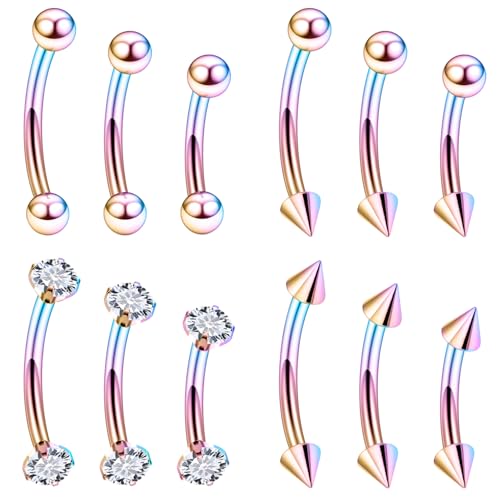 Rook Daith Piercing Jewelry 16G Stainless Surgical Steel Curved Barbell Eyebrow Rings Vertical Labret Lip Piercing Jewelry Rook Daith Earrings for Women Men 6MM 8MM 10MM Hypoallergenic - color: Rainbow-6MM 8MM 10MM