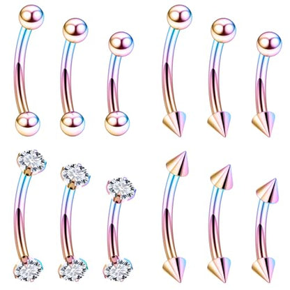 Rook Daith Piercing Jewelry 16G Stainless Surgical Steel Curved Barbell Eyebrow Rings Vertical Labret Lip Piercing Jewelry Rook Daith Earrings for Women Men 6MM 8MM 10MM Hypoallergenic - color: Rainbow-6MM 8MM 10MM