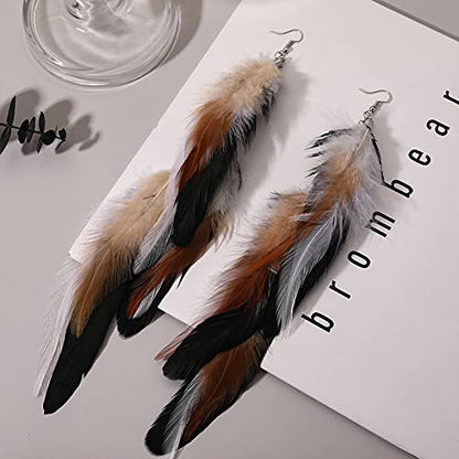 Bohemian Long Feather Earrings for Women Handmade Natural Dangle Tassel Jewelry - color: Style G