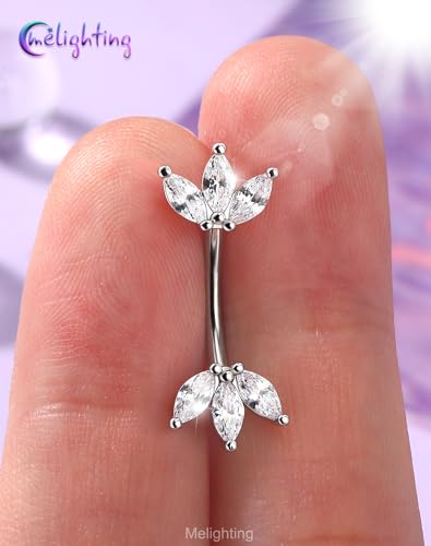 Melighting 14G Gold Lotus Belly Button Ring, Double CZ Navel Ring 316L Surgical Stainless Steel Marquise 5A CZ Steel Belly Bar 8 mm/10 mm - color: Steel, size: 14g10mm