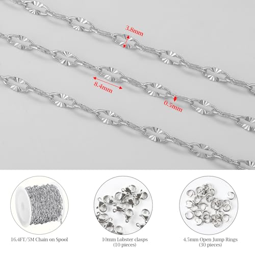 KYUNHOO 16.4FT Silver Stainless Steel Chains Bulk Embossed Lip Chain Roll | Soldered Cross Link Chains Cable Chain with Jewelry Clasps for Handcraft Making - color: Cross Oval Silver