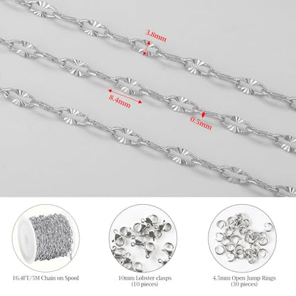 KYUNHOO 16.4FT Silver Stainless Steel Chains Bulk Embossed Lip Chain Roll | Soldered Cross Link Chains Cable Chain with Jewelry Clasps for Handcraft Making - color: Cross Oval Silver