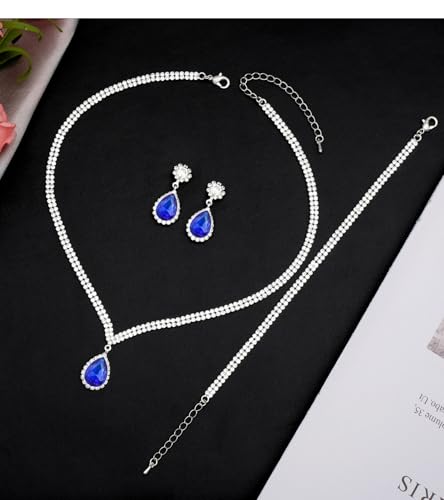 Elegant Silver Crystal Wedding Necklace Earrings Bracelet Jewelry Set for Women Brides Bridesmaids Prom Party Costume Accessory Bridal Jewelry - color: silver-royal blue
