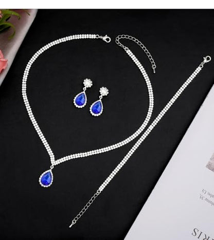 Elegant Silver Crystal Wedding Necklace Earrings Bracelet Jewelry Set for Women Brides Bridesmaids Prom Party Costume Accessory Bridal Jewelry - color: silver-royal blue