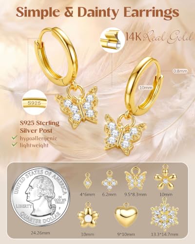FIBO STEEL 14K Gold Plated Hoop Earrings with Charms for Women Huggie Hoops | Hypoallergenic 925 Sterling Silver Post Dangle Earrings Small Silver Gold Hoops Earring Cubic Zirconia Dangle Drop Jewelry - color: Butterfly - 14K Gold Plated