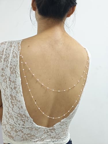 Pearl Back Chain Necklace Wedding Bridal Silver Gold Layered Backdrop Body Chain for Women Backless Dress - color: Gold