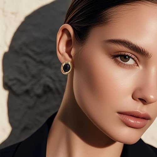 Jean Beau Chunky Gold Stone Stud Earrings for Women, Trendy Natural Gemstone Hypoallergenic Earing Valentine Jewelry Gift - color: Black