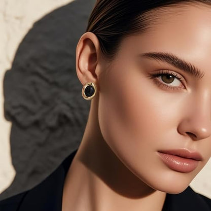 Jean Beau Chunky Gold Stone Stud Earrings for Women, Trendy Natural Gemstone Hypoallergenic Earing Valentine Jewelry Gift - color: Black