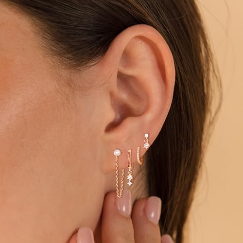 Gold Plated Earrings for Women, 14k Gold Plated Earring Stack Hypoallergenic Pearl Drop Earring Dainty Earrings for Women Trendy Cute Small Huggie Hoop Earring Fashion Womens Jewelry - color: RG Set