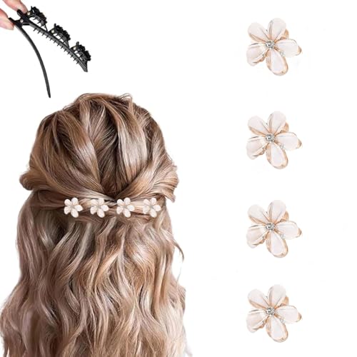 4 Pcs Small Mini Pearl Claw Clips with Flower Design, (Doesn’t Come with the Big Barrette), Sweet Artificial Bangs Clips Decorative Hair Accessories for Girls, Double Sided Flower, Color Q - color: Color Q