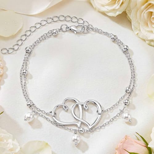 Sea Shell Starfish Anklet with Pearl Charms, Layered Heart Beach Statement Chunky Ankle Bracelet, Gold Tone Chain - color: Silver