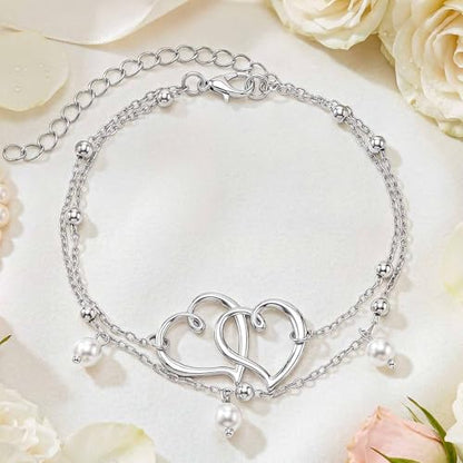 Sea Shell Starfish Anklet with Pearl Charms, Layered Heart Beach Statement Chunky Ankle Bracelet, Gold Tone Chain - color: Silver