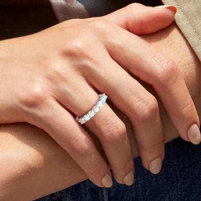3.5mm Stackable Rings S925 Sterling Silver Created Birthstone & Cubic Zirconia Ring for Women Wedding Bands Anniversary Birthday Jewelry Size 6 to 10(with Box) - color: 10-Created Opal-Oct