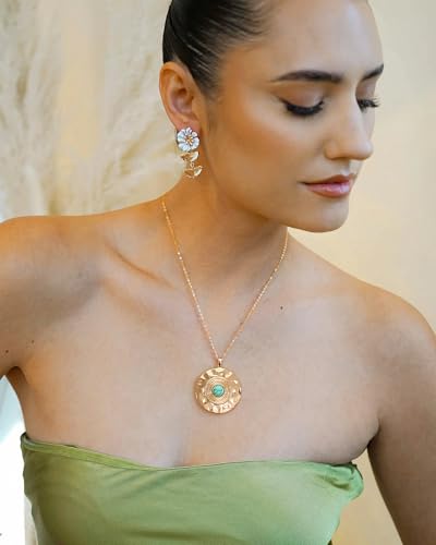 Aobei Pearl 18K Gold Plated Pendant Necklace for Women Dainty Gold Chain Choker Love Heart Disc Coin Pearl Cross Toggle Jewelry - style: Turquoise Hammered Coin