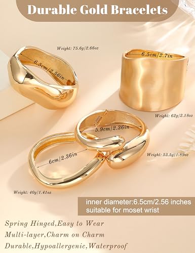 sailimue Chunky Gold Bracelets for Women Non Tarnish Bangles 4 Pcs | 16K Gold Plated Cuff Bracelets Stack Hinged Open Bangle Trendy Jewelry Gifts - style: Style B