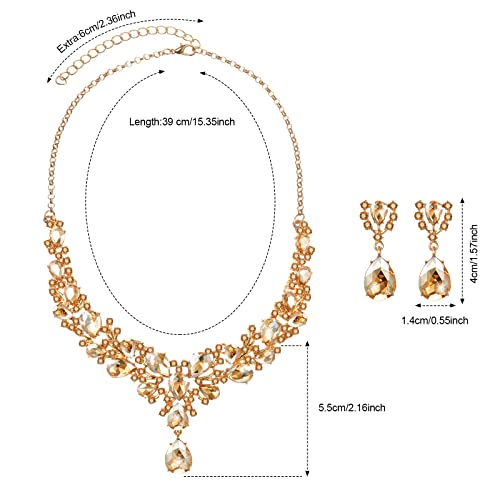 Hicarer Bridal Teardrop Cluster Crystal Jewelry Set for Women Necklace Earrings Wedding - color: Gold
