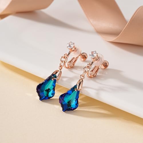 Austrian Crystal Baroque Drop Clip On Dangle Earrings for Women Non Pierced 14K Rose Gold Plated Hypoallergenic Jewelry - color: Bermuda Blue