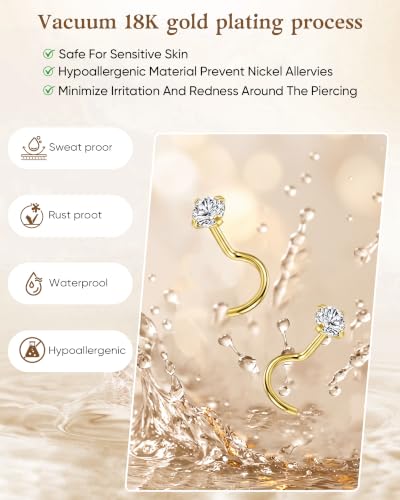 8Pcs 20G Gold/Silver 316L Surgical Stainless Steel L Shaped Corkscrew Nose Studs earrings, Hypoallergenic Nickel Free Tiny Clear Cubic Zirconia Nose Piercing Jewelry 2mm‑4mm,cartilage piercings, Minimalist Dainty Body Piercing Accessories for Sensitive Sk