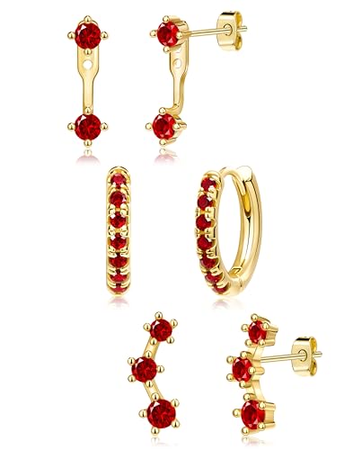 3 Pairs Dainty Small Earrings Set for Women Trendy, Birthstone Stud Huggie Hoop Jacket Stack for Cartilage Helix, Gold Plated Hypoallergenic Cute Women Fashion Accessories Western Jewelry Gifts - color: 01Red Created Garnet-Jan (Gold)