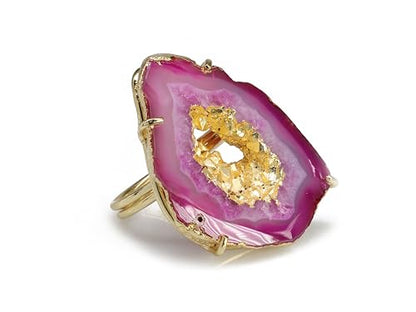 Ring Geode Druzy Slice Unique And Stylish Statement Gold Plated Jewelry Natural Gemstone Stone size 25-35 mm Approximately Adjustable Shank US Scale Size 6-9 - color: Pink