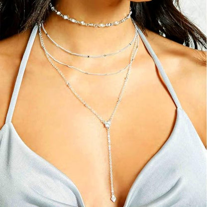 Rhinestone Y Choker Neckalce Silver Layered Necklaces for Women | Elegant Long Drop Necklace Sparkly Crystal Prom Jewelry