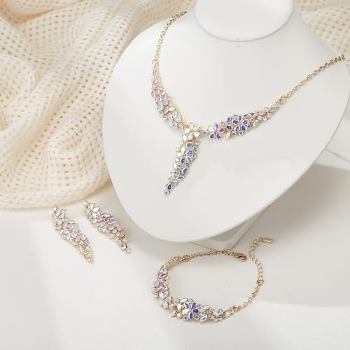 EleQueen Statement Sparkle Crystal Necklace Bracelet Dangle Earrings Set for Women, Art Deco Prom Chandelier Jewelry for Wedding Bridal - color: AB Iridescent-Gold-Plated-Base