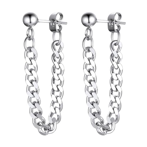 PROSTEEL Stainless Steel Huggie Hoop Earrings for Mens Gold/Black/Silver | Skull/Infinity Pattern, Spike/Cuban Links 4 Design Options Hypoallergenic Lightweight Earring Hip Hop Punk Gothic Jewelry - style: 07-Cuban Chain-Silver