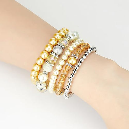 Noessla Beaded Pearl Stretch Bracelet Silver Stackable Crystal Beads Bracelets Trendy Costume Jewelry Mothers Day Gifts for Women - color: Yellow