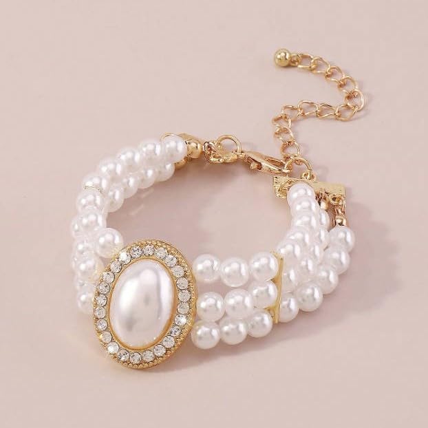Multi-Layer Faux Pearl Bracelet for Women, Oval Gemstone Elegant Bangle with Rhinestone Accents - color: Gold, size: One Size