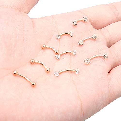 Eyebrow Barbell 16G Surgical Steel Rings with Clear Diamond CZ Curved Barballs Body Piercing Jewelry for Women Men 6mm 8mm 10mm 9 Pieces - color: C: 9Pcs-16G-Rose Gold