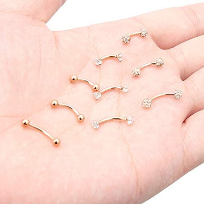 Eyebrow Barbell 16G Surgical Steel Rings with Clear Diamond CZ Curved Barballs Body Piercing Jewelry for Women Men 6mm 8mm 10mm 9 Pieces - color: C: 9Pcs-16G-Rose Gold