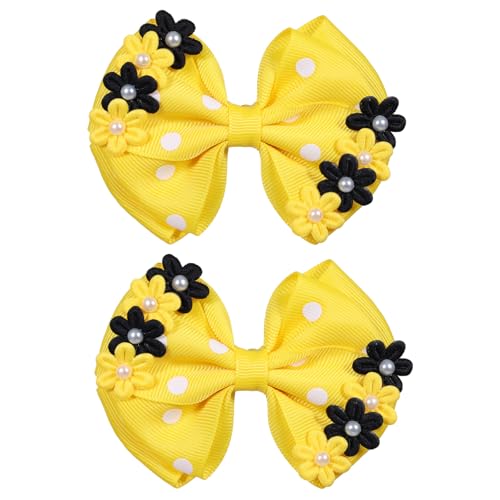 2 Pcs Pearl Flower Hair Bows for Teen Toddler Girls, 4" Handmade Yellow Polka Dot Grosgrain Ribbon Floral Bow Alligator Clips Barrettes, Kids Children Summer Dress Decor Accessories - color: Yellow Polkadots