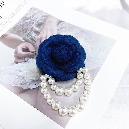 Wool Camellia Flower Pearl Tassel Brooches Pins Delicate Flowers Brooch Classic for Wedding Party Dance Banquet for Women Dainty Elegant Lapel Pins Dress Suit Accessories - color: Blue