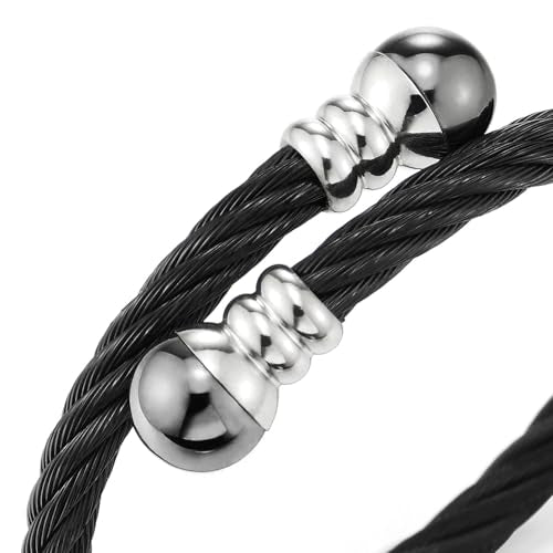 COOLSTEELANDBEYOND Elastic Adjustable Steel Twisted Cable Cuff Bangle Bracelet for Mens for Women - color: M-Metal Color: Black & Silver