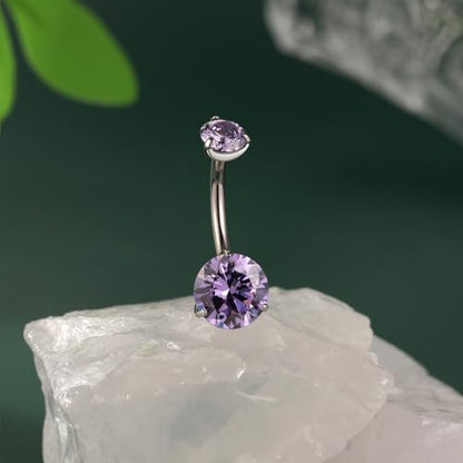 FUNLMO 14G Belly Button Ring Titanium Belly Button Piercing Belly Ring Internally Threaded Navel Piercing Jewelry - color: Silver-Purple CZ