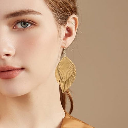 Handmade Bohemian Large Soft Genuine Leather Fringe Double Feather Dangle Drop Earrings Lightweight Simple Color PU Leaf Hook Earrings for Women - color: Beige