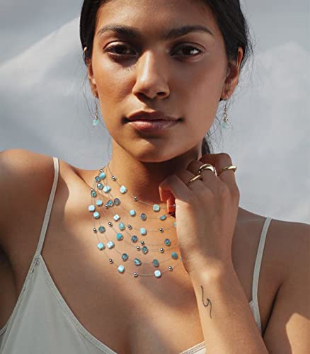 Multi-Layer Boho Shell Beaded Necklace for Women Colorful Crystal Strand with Silver Beads Statement Collars Necklace and Earrings Costumes Jewelry Sets for Women - color: Turquoise