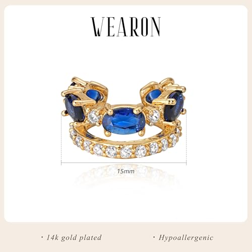 WEARON Ear Cuff Earrings for Women, Ear Cuffs Non Piercing, 14K Gold Plated Jewelry Zircon Diamond Turquoise Earrings Hypoallergenic Jewelry Gifts for Woman - color: Blue/Single