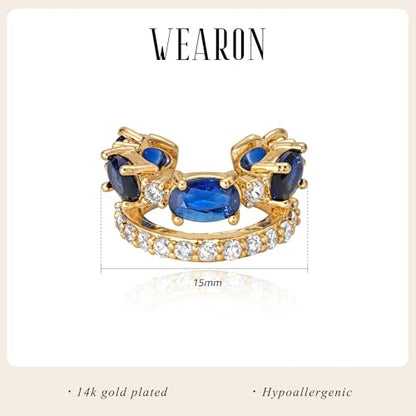 WEARON Ear Cuff Earrings for Women, Ear Cuffs Non Piercing, 14K Gold Plated Jewelry Zircon Diamond Turquoise Earrings Hypoallergenic Jewelry Gifts for Woman - color: Blue/Single