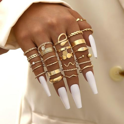 FAXHION 24-60 Pcs Gold Stackable Rings for Women, Knuckle Rings Chunky Gold Ring Set Dainty Stacking Cute Rings, Multiple Sizes Cute Jewelry Set Gift - style: Gold-24 Pcs01