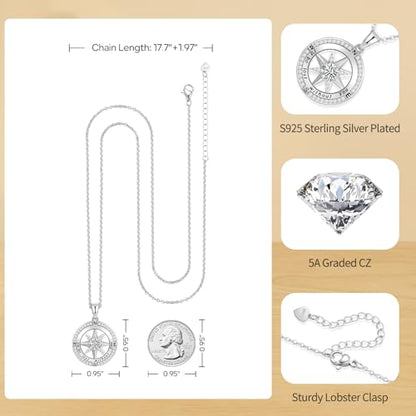 Peeshow Compass Birthstone Necklace for Women Wife, S925 Sterling Silver Gift for Wife Wedding Anniversary Birthday Gifts for Women Jewelry for Her Girlfriend I'd be Lost without You - style: 04-April-Diamond