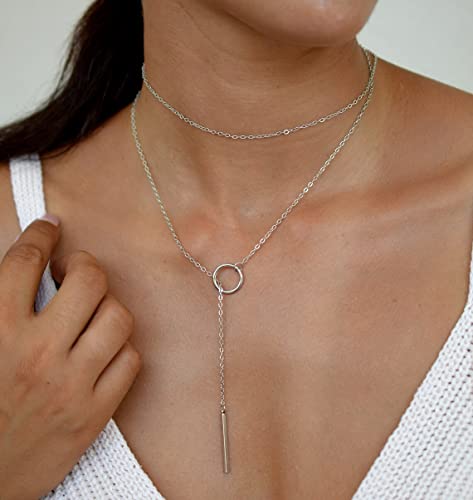 itianxi Gold Tiny Y Shaped Dainty Necklace 18K Gold Plated Cute Bar Vertical Lariat Necklace for Women - color: circle silver